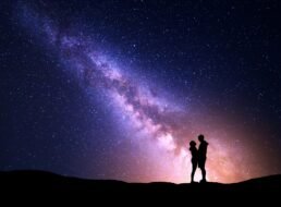 Milky Way with silhouette of people. Landscape with night sky